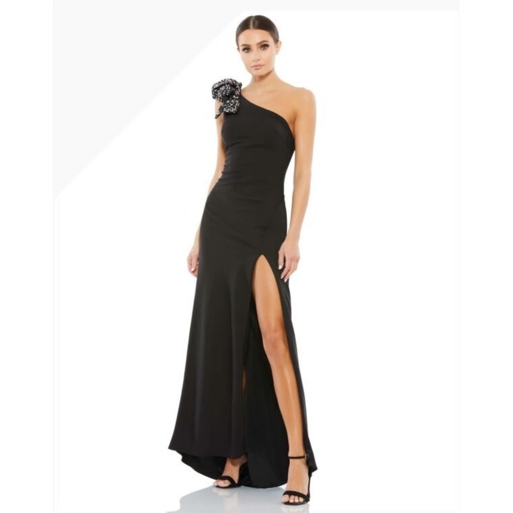 Mac Duggal 55707 size 2 one shoulder bow‎ high slit black luxe jersey